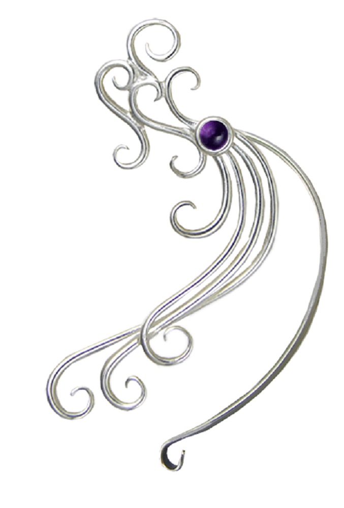 Sterling Silver Wind And Waves Left Only Ear Cuff Wrap With Amethyst